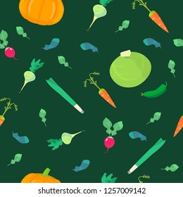 Vector seamless pattern on dark green background. Vegetarian pattern. 