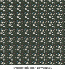 vector seamless pattern on a dark green background.computer mouse, books, mug, tea, palette, smartphone, pencil, office, planner, cactus, music.print on fabric