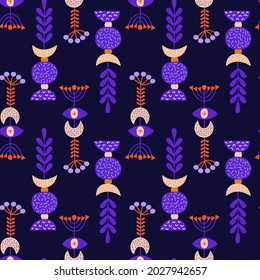 Vector seamless pattern on a dark background. On the topic of magic and Halloween. Magic symbols, magical herbs, moon, eye. Violet and orange colors. Poster, to be printed on fabric, on wrapping paper