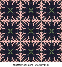 The vector seamless pattern on dark blue background. Floral ornament in modern colors. Can be used for paper, cover, fabric, interior decor, and other users.

