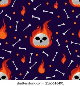 Vector seamless pattern on dark purple background. Halloween ornament for design. Flames, dots, bones and skulls on fire. Festive illustration in cartoon style