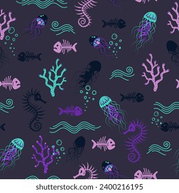 Vector seamless pattern on a dark blue background with underwater sea creatures: fish, seahorses, jellyfish, corals