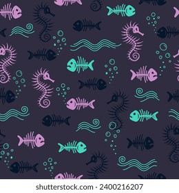 Vector seamless pattern on a dark blue background with underwater sea creatures: fish, seahorses, skeletons