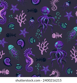 Vector seamless pattern on a dark blue background with underwater sea creatures: fish, octopuses, seahorses, jellyfish, shells, scallops, starfish, corals