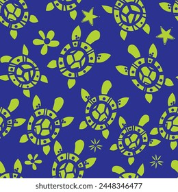 Vector seamless pattern on a dark blue background, decorated with neon green turtles and seaweed. Suitable for children's projects