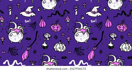 Vector seamless pattern on a dark purple background. Hand drawn illustration with ink textures. Halloween set. Witch's potion, tentacles, snakes, cobwebs, broom, pumpkins..