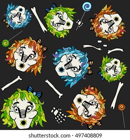 Vector seamless pattern on the dark gray background. Halloween girl's heads, lollipops and bones