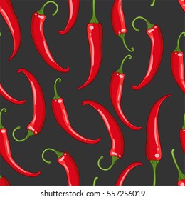 Vector seamless pattern on dark background with chilli peppers. Hot spice colored illustration.