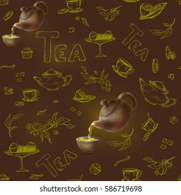 vector seamless pattern on a dark background sketch of items for the tea party. 3d teapot and cup, candy, lemon, saucer.