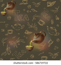 vector seamless pattern on a dark background gold sketch of items for the tea party. 3d teapot and cup, candy, lemon, saucer.