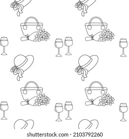 Vector seamless pattern on date theme. Bag, bouquet, wine glasses and hat. Graphic illustration for wrapping paper, packaging, fabric, textile.