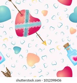Vector seamless pattern. On the day of St. Valentine hearts with an arrow and a bottle with hearts. On a white background with hearts kotur.