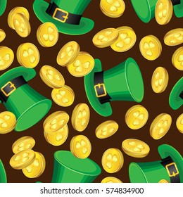Vector seamless pattern on the day of St. Patrick. Hats and coins on a dark brown background