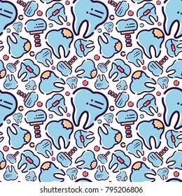 Vector seamless pattern on dental theme. Teeth and equipment for dentists. Used for backgrounds, cards, wallpapers.