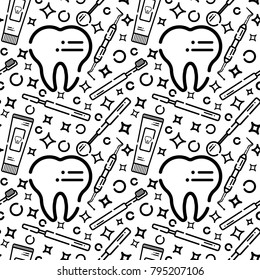 Vector seamless pattern on dental theme. Teeth and equipment for dentists. Used for backgrounds, cards, wallpapers.