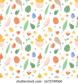 Vector seamless pattern on Easter theme. Easter Spring background with flowers and eggs. Isolated on white background