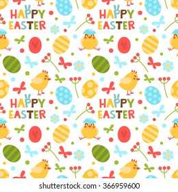 Vector seamless pattern on Easter theme. Easter Spring background with flowers chickens and eggs.