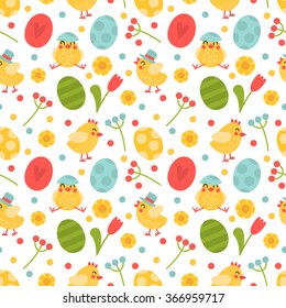 Vector seamless pattern on Easter theme. Easter Spring background with flowers and eggs.