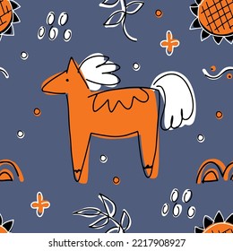 Vector seamless pattern on the folk art style. Ornament illustration, doodle decoration to wrap paper, wall design, mobile background