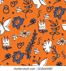 Vector seamless pattern on the folk art style. Ornament illustration, doodle decoration to wrap paper, wall design, mobile background