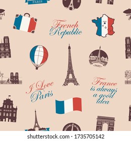 Vector seamless pattern on a France and Paris theme with inscriptions, landmarks, flag and map of French Republic in retro style. Suitable for background, wallpaper, wrapping paper or fabric