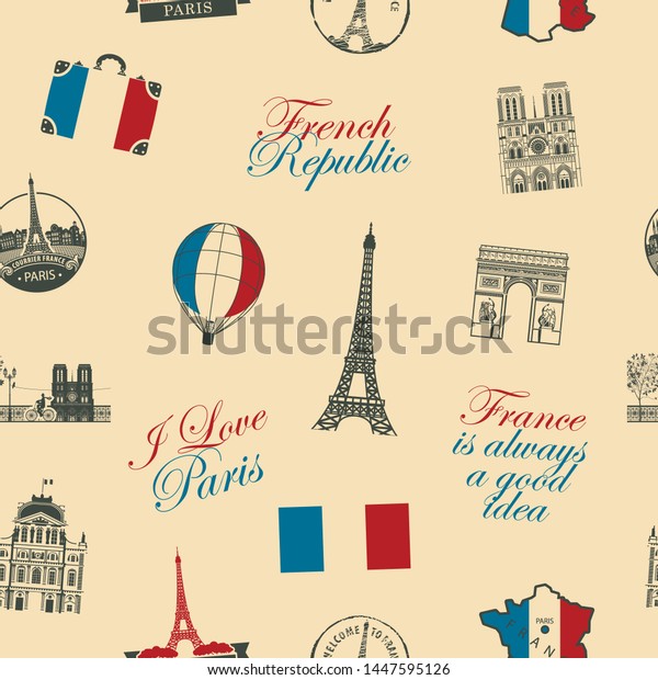 フランスとパリをテーマにしたベクターシームレスな模様で レトロな形の碑 建築上の目印 フランス共和国の国旗が描かれています 背景 壁紙 包装紙 布地として使用可能 のベクター画像素材 ロイヤリティフリー