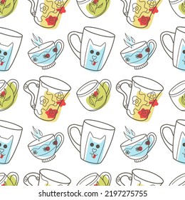 vector seamless pattern on the fun cups for tea and coffee contur and spot