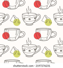 vector seamless pattern on the fun cups for tea and coffee contur and spot
