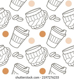 vector seamless pattern on the fun cups for tea and coffee contur and spot