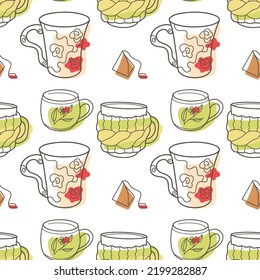 vector seamless pattern on the fun cups for tea and coffee contur and spot