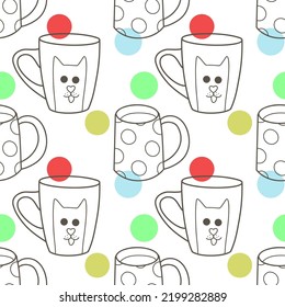 vector seamless pattern on the fun cups for tea and coffee contur and spot