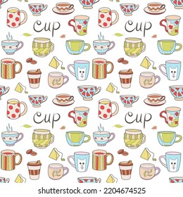 vector seamless pattern on the fun cups for tea and coffee contur and pencil