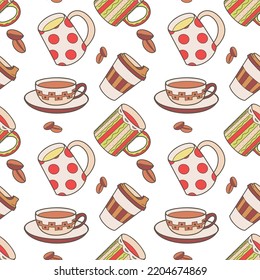 vector seamless pattern on the fun cups for tea and coffee Flat