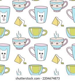 vector seamless pattern on the fun cups for tea and coffee Flat