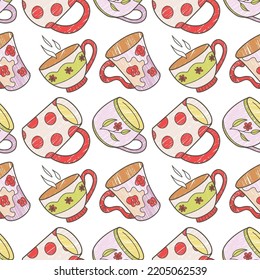 vector seamless pattern on the fun cups for tea and coffee