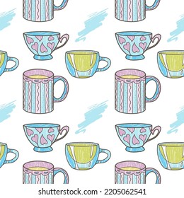 vector seamless pattern on the fun cups for tea and coffee