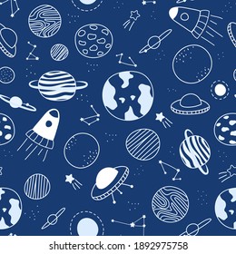 Vector seamless pattern on galaxy theme, space elements doodle on dark blue background, hand drawn planets, spaceships and comets, night sky, astronomical background for kids