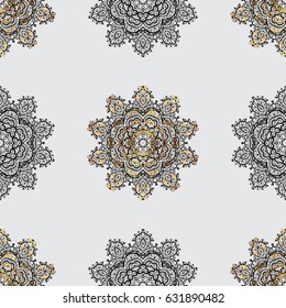 Vector seamless pattern on gray background with dim elements. Damask seamless pattern for design.