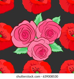 Vector seamless pattern on a gray background. Beautiful watercolor poppy flowers, bright painting inspired floral print.