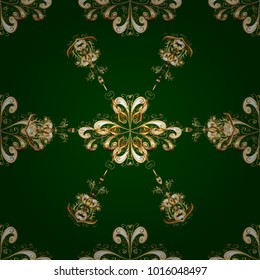 Vector seamless pattern on green and yellow colors with golden elements. Damask seamless pattern for design.