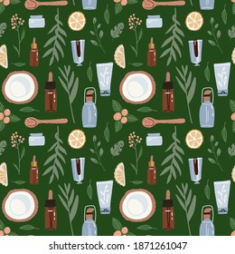 Vector seamless pattern on green backgraund. Natural cosmetic ingridients and bottle, jars, tubes