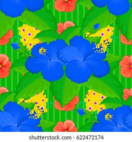 Vector seamless pattern on a green background. Beautiful watercolor hibiscus flowers, bright painting inspired floral print.