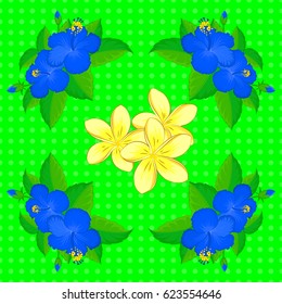 Vector seamless pattern on a green background. Beautiful watercolor hibiscus flowers, bright painting inspired floral print.