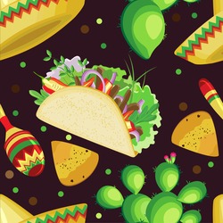 Vector Seamless Pattern On The Holiday Of Cinco De Mayo. Sombrero, Tacos, Cactus And Maracas With Nachos On A Dark Brown Background.