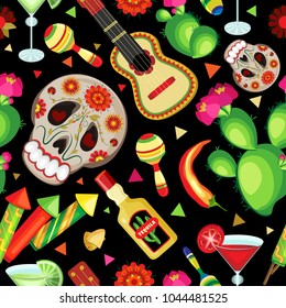 Vector seamless pattern on the holiday of Cinco de Mayo. Symbols of the Mexican holiday