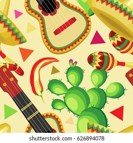 Vector seamless pattern on the holiday of Cinco de Mayo. Sombrero, guitar, cactus and maracas with vegetables on a pastel beige background.