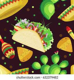 Vector seamless pattern on the holiday of Cinco de Mayo. Sombrero, tacos, cactus and maracas with nachos on a dark brown background.