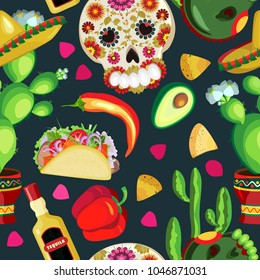 Vector seamless pattern on the holidays of Cinco de Mayo and  Day of the Dead. Symbols of the Mexican holiday