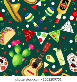 Vector seamless pattern on the holidays of Cinco de Mayo. Symbols of the Mexican holiday