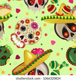 Vector seamless pattern on the holidays of Cinco de Mayo and  Day of the Dead. Symbols of the Mexican holiday.Painted skulls in sombrero with tacos and maracas. Pastel green background